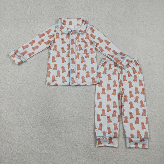 BLP1408 Puppy Blue Plaid Buttons Long-Sleeved Pants Boys Pajama Set 202602 RTS
