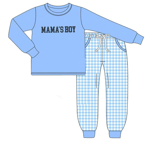 MOQ 5 PCS preorder BLP1409 MAMA'S BOY Blue Long-Sleeved Plaid Pants Boys Sets 202512