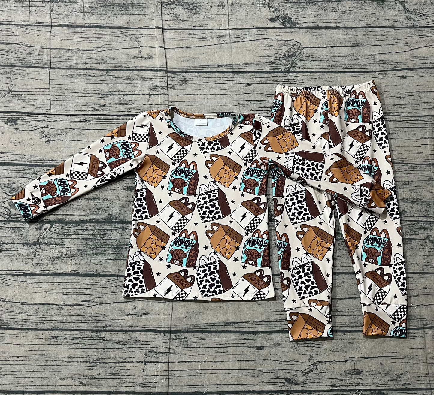 NO MOQ preorder BLP1414 howdy Alpine Bull Head Box Star Brown Long-Sleeved Pants Boys Pajama Set 202512