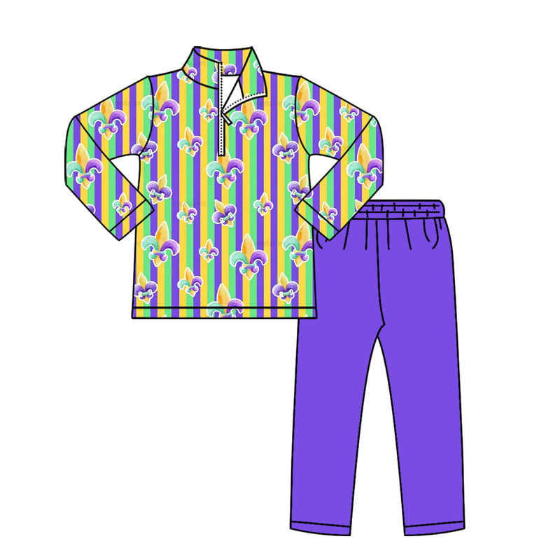 MOQ 5 PCS preorder BLP1416 Mardi Gras Stripe Zip Collar Long-Sleeved Purple Pants Boys Sets 202512
