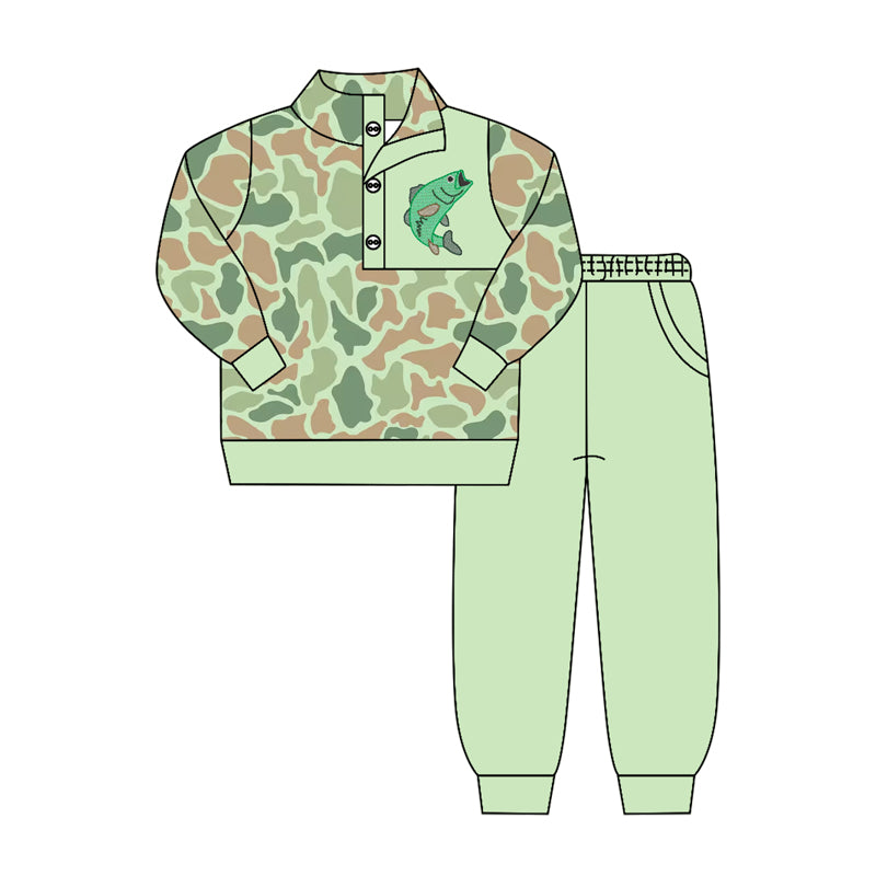 MOQ 5 PCS preorder BLP1419 Fish Pattern Green Camouflage Buttons Collar Long Sleeve Pants Boys Sets 202604