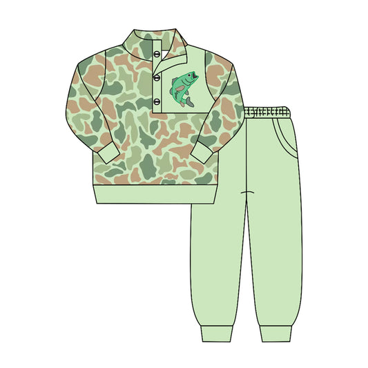 MOQ 5 PCS preorder BLP1419 Fish Pattern Green Camouflage Buttons Collar Long Sleeve Pants Boys Sets 202604