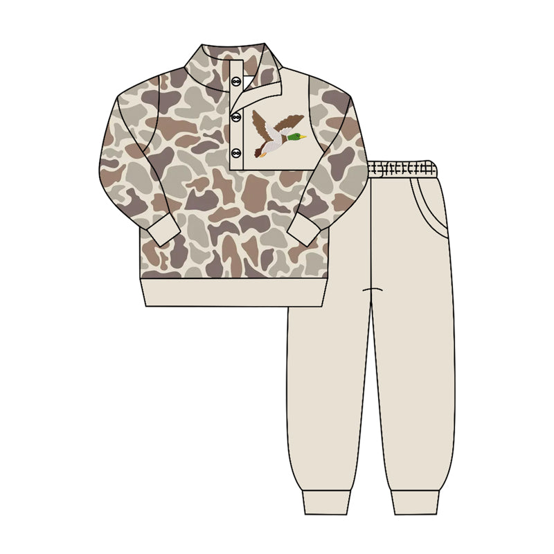 MOQ 5 PCS preorder BLP1420 Duck Hunting Pattern Gray Brown Camouflage Buttons Collar Long Sleeve Pants Boys Sets 202604