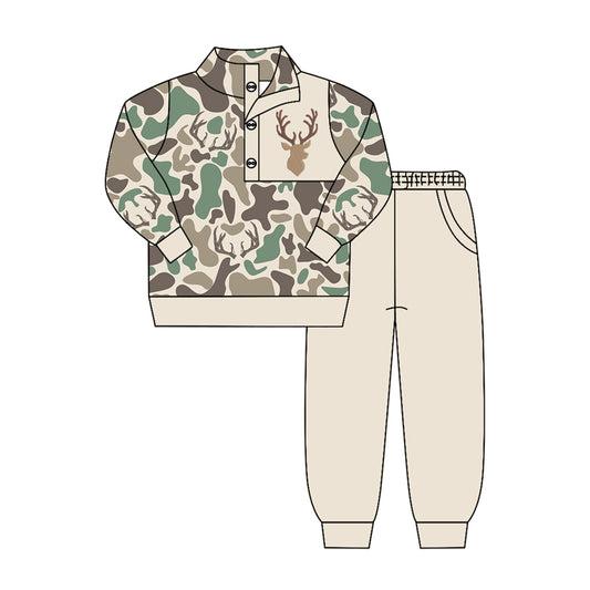 MOQ 5 PCS preorder BLP1421 Deer Hunting Pattern Gray Brown Green Camouflage Buttons Collar Long Sleeve Pants Boys Sets 202604
