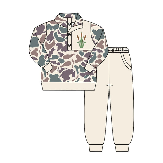 MOQ 5 PCS preorder BLP1422 Cattail Pattern Gray Brown Green Purple Camouflage Buttons Collar Long Sleeve Pants Boys Sets 202604