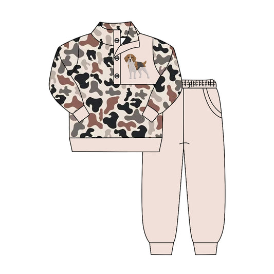 MOQ 5 PCS preorder BLP1423 Puppy Pattern Brown Black Camouflage Buttons Collar Long Sleeve Pants Boys Sets 202604