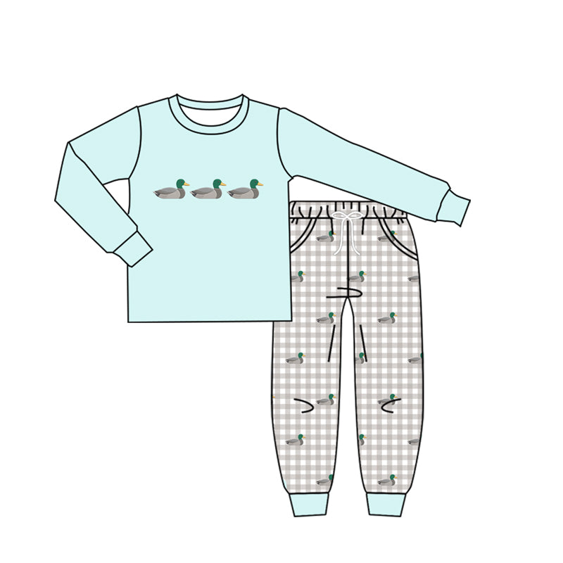 MOQ 5 PCS preorder BLP1424 Ducks Pattern Light Blue Long Sleeve Plaid Pants Boys Sets 202604