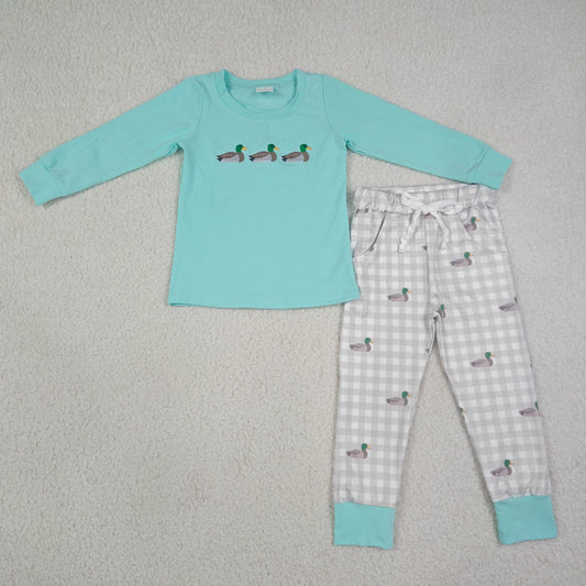 BLP1424 Embroidered Ducks Pattern Light Blue Long Sleeve Plaid Pants Boys Sets 202608 RTS