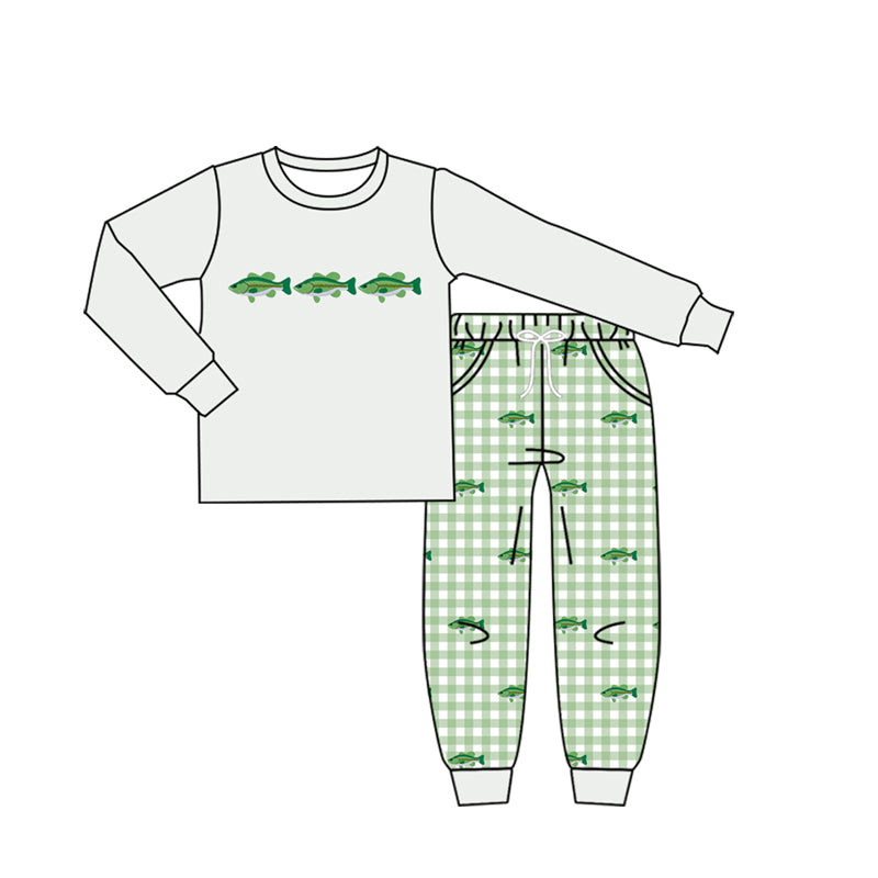 MOQ 5 PCS preorder BLP1425 Fish Pattern Gray Long Sleeve Plaid Pants Boys Sets 202604