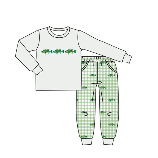 MOQ 5 PCS preorder BLP1425 Fish Pattern Gray Long Sleeve Plaid Pants Boys Sets 202604