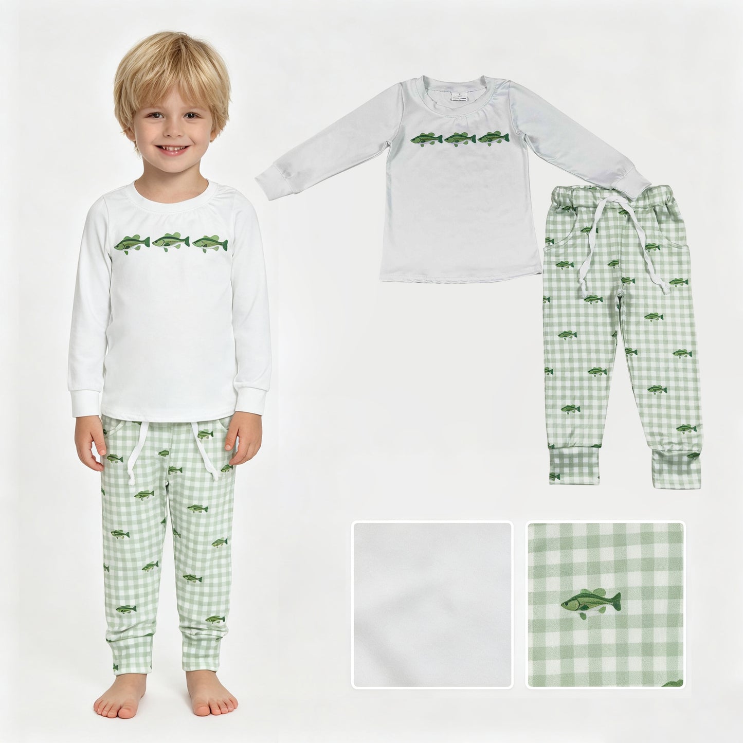 BLP1425 Fish Pattern Gray Long Sleeve Plaid Pants Boys Sets 202607 RTS