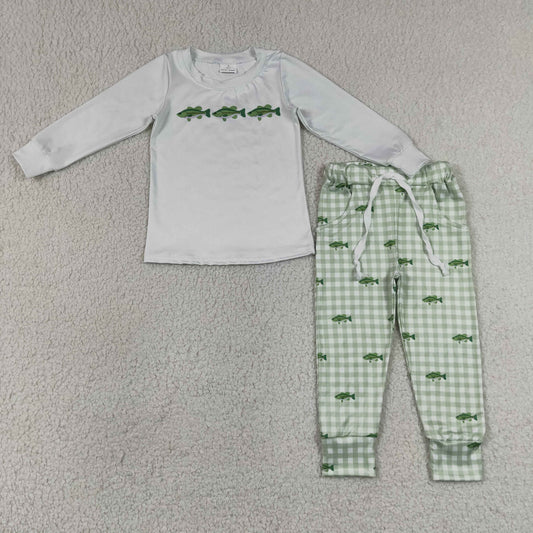 BLP1425 Fish Pattern Gray Long Sleeve Plaid Pants Boys Sets 202607 RTS