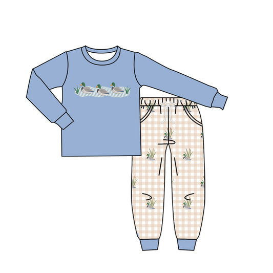 MOQ 5 PCS preorder BLP1426 Ducks Pattern Gray Blue Long Sleeve Plaid Pants Boys Sets 202604