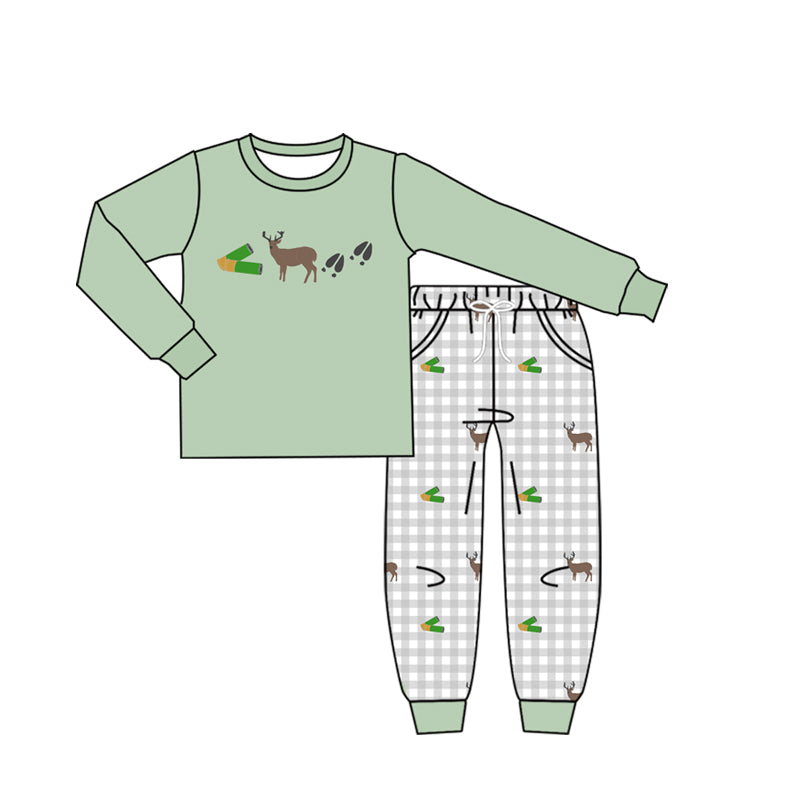 MOQ 5 PCS preorder BLP1427 Deer Hunting Pattern Gray Green Long Sleeve Plaid Pants Boys Sets 202604