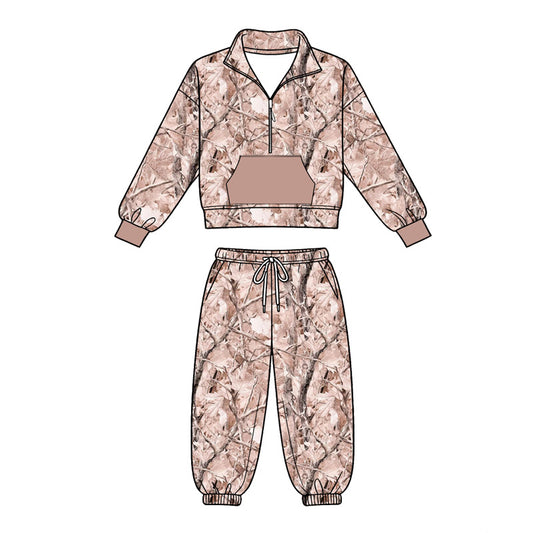 MOQ 5 PCS preorder BLP1429 Branches Leaves Pocket Light Brown Zip Collar Long Sleeve Pants Boys Sets 202604