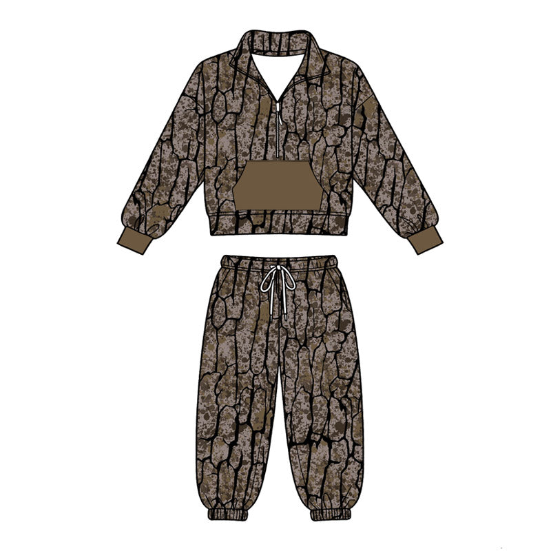 MOQ 5 PCS preorder BLP1429 Camouflage Hunting Army Green Pocket Zip Collar Long Sleeve Pants Boys Sets 202604
