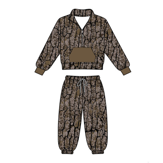 MOQ 5 PCS preorder BLP1429 Camouflage Hunting Army Green Pocket Zip Collar Long Sleeve Pants Boys Sets 202604