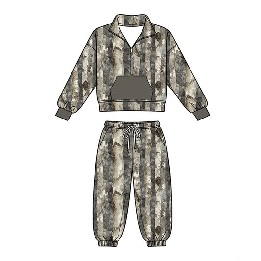 MOQ 5 PCS preorder BLP1431 Gray Green Stripe Camouflage Hunting Pocket Zip Collar Long Sleeve Pants Boys Sets 202604
