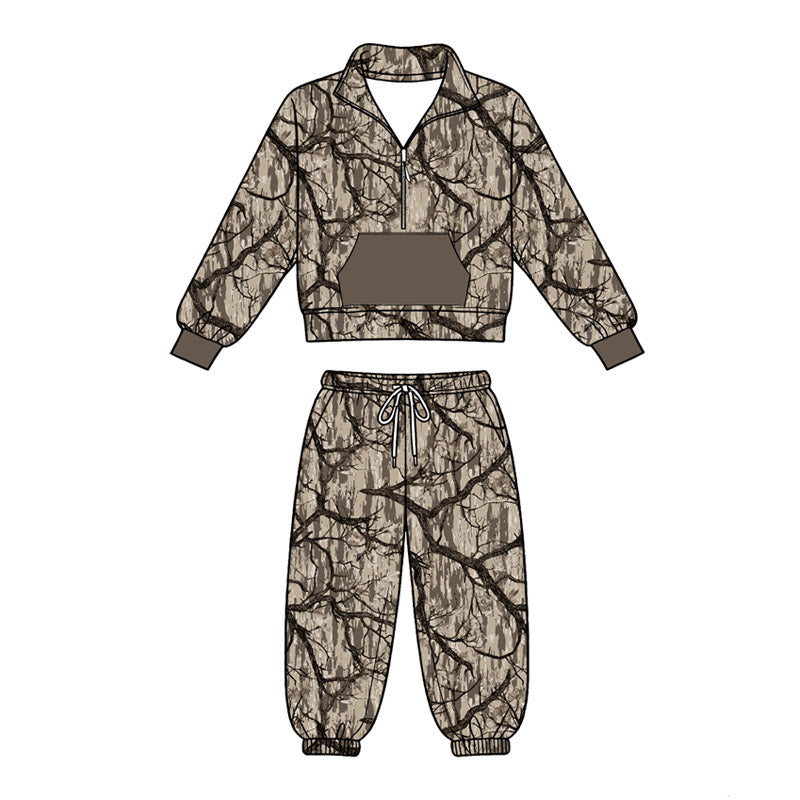 MOQ 5 PCS preorder BLP1432 Branches Leaves Camouflage Hunting Brown Pocket Zip Collar Long Sleeve Pants Boys Sets 202604