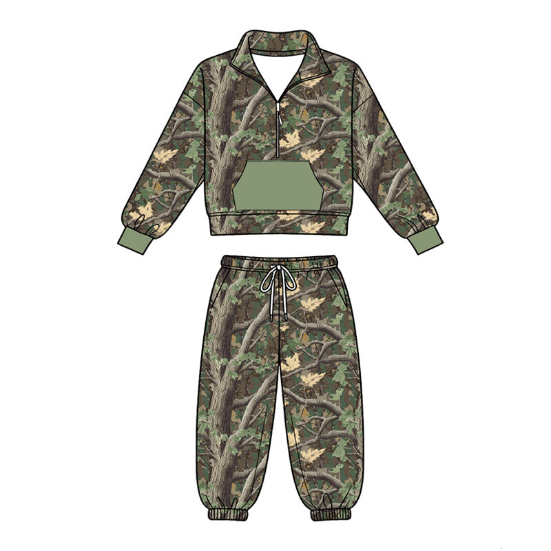 MOQ 5 PCS preorder BLP1433 Branches Leaves Hunting Green Pocket Zip Collar Long Sleeve Pants Boys Sets 202604