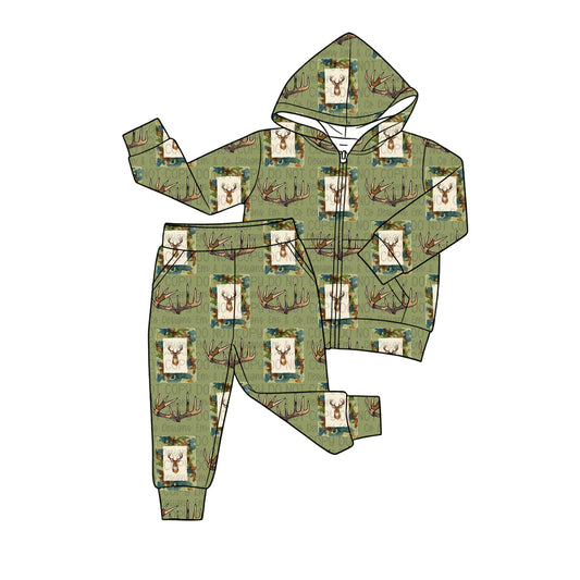 MOQ 5 PCS preorder BLP1434 Deer Hunting Camouflage Green Zip Hooded Long Sleeve Pants Boys Sets 202604