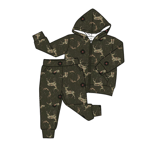 MOQ 5 PCS preorder BLP1435 Deer Hunting Camouflage Dark Green Zip Hooded Long Sleeve Pants Boys Sets 202604
