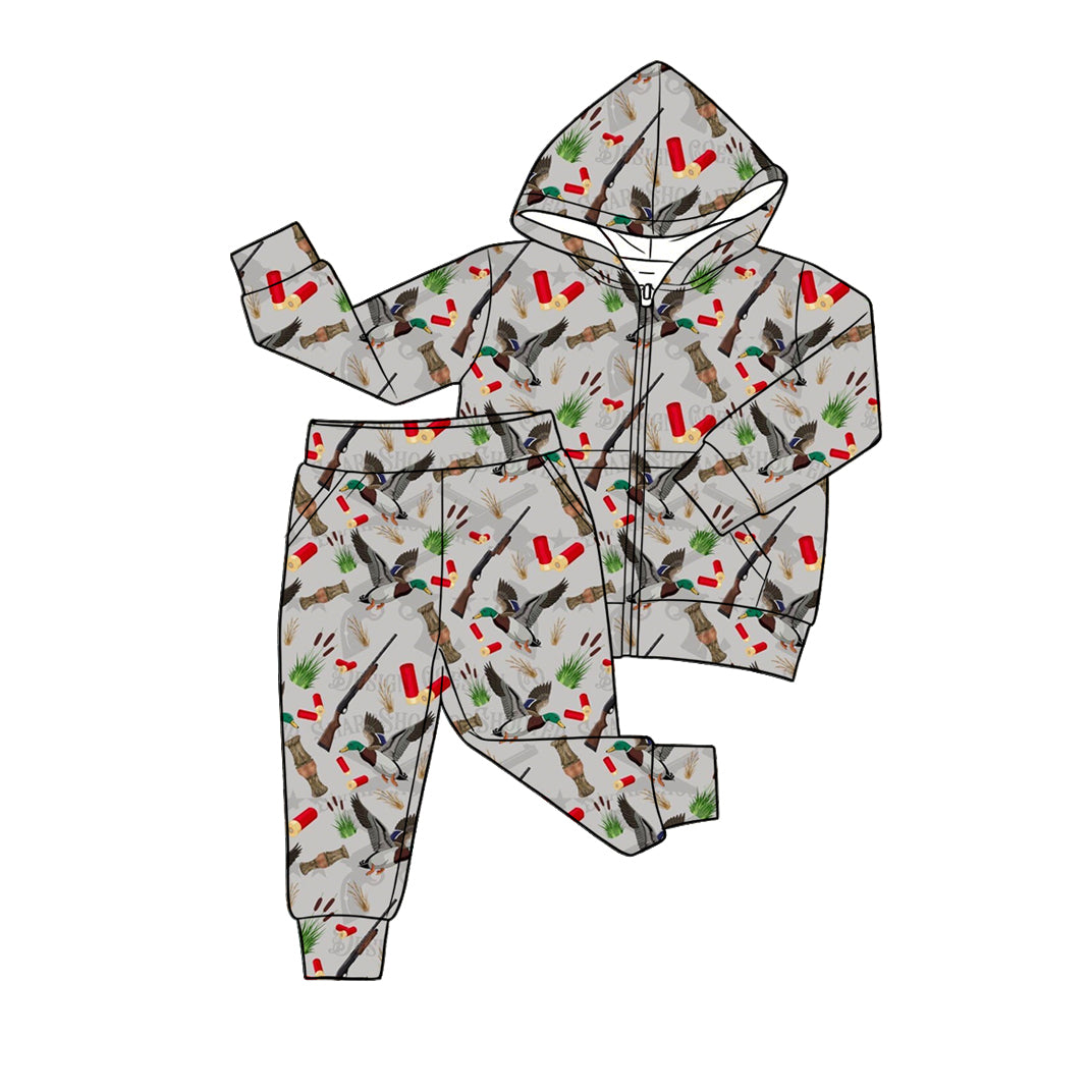 MOQ 5 PCS preorder BLP1436 Duck Hunting Gray Zip Hooded Long Sleeve Pants Boys Sets 202604