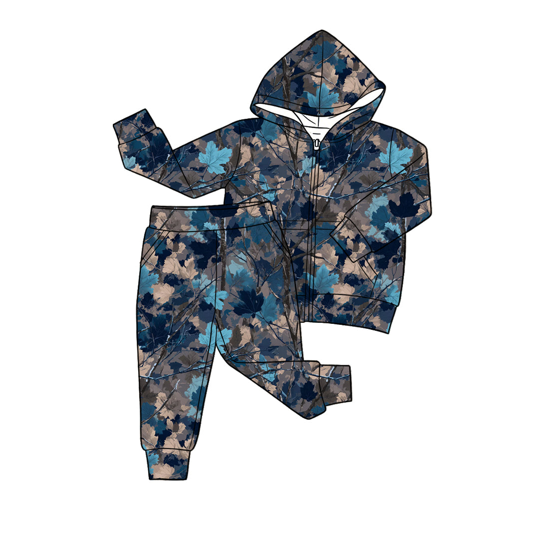 MOQ 5 PCS preorder BLP1438 Branches Leaves Gray Blue Zip Hooded Long Sleeve Pants Boys Sets 202604
