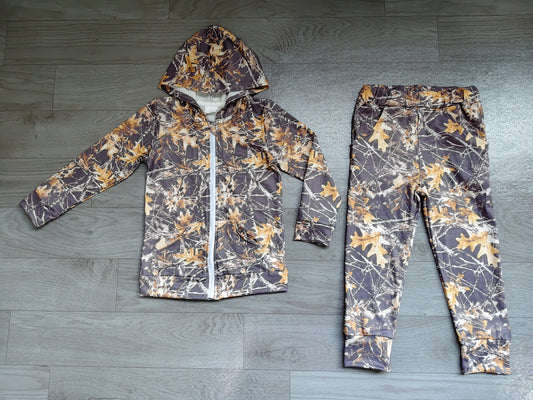 NO MOQ preorder BLP1439 Branches Leaves Gray Brown Zip Hooded Long Sleeve Pants Boys Sets 202607