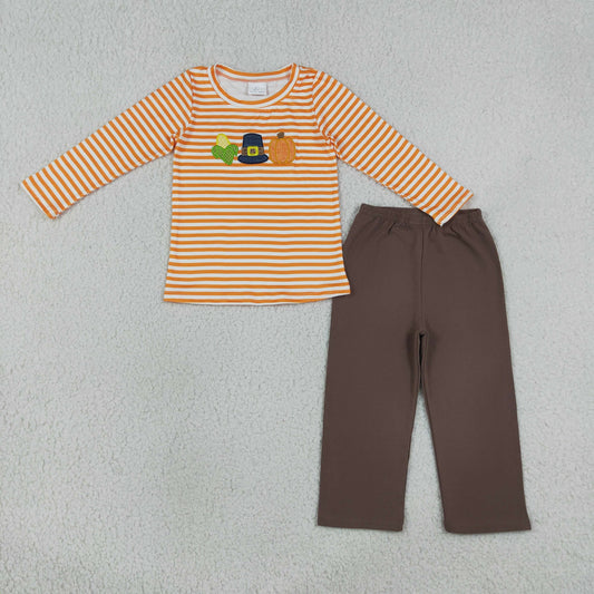 BLP1442 Embroidered Pumpkin Hat Corn Orange Stripe Long Sleeve Brown Pants Boys Sets 202608 RTS