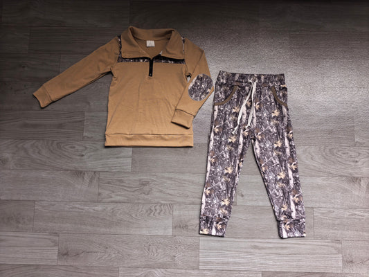 NO MOQ Preorder BLP1446 Branches Leaves Brown Zip Collar Long-Sleeved Pants Boys Sets 202607