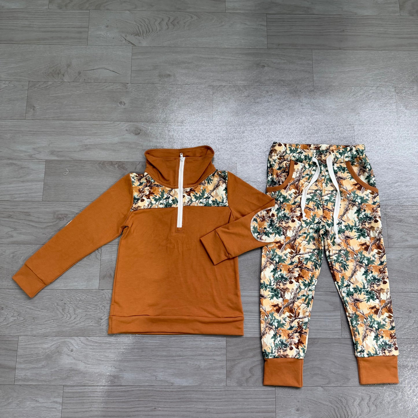 NO MOQ Preorder BLP1447 Branches Leaves Brown Zip Collar Long-Sleeved Pants Boys Sets 202607