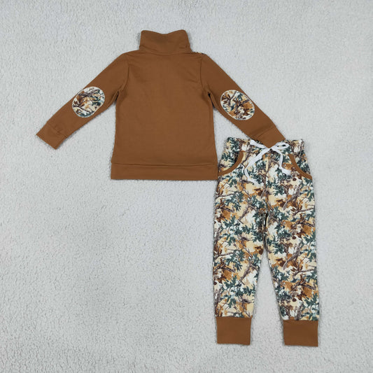 BLP1447 Branches Leaves Brown Zip Collar Long-Sleeved Pants Boys Sets 202608 RTS