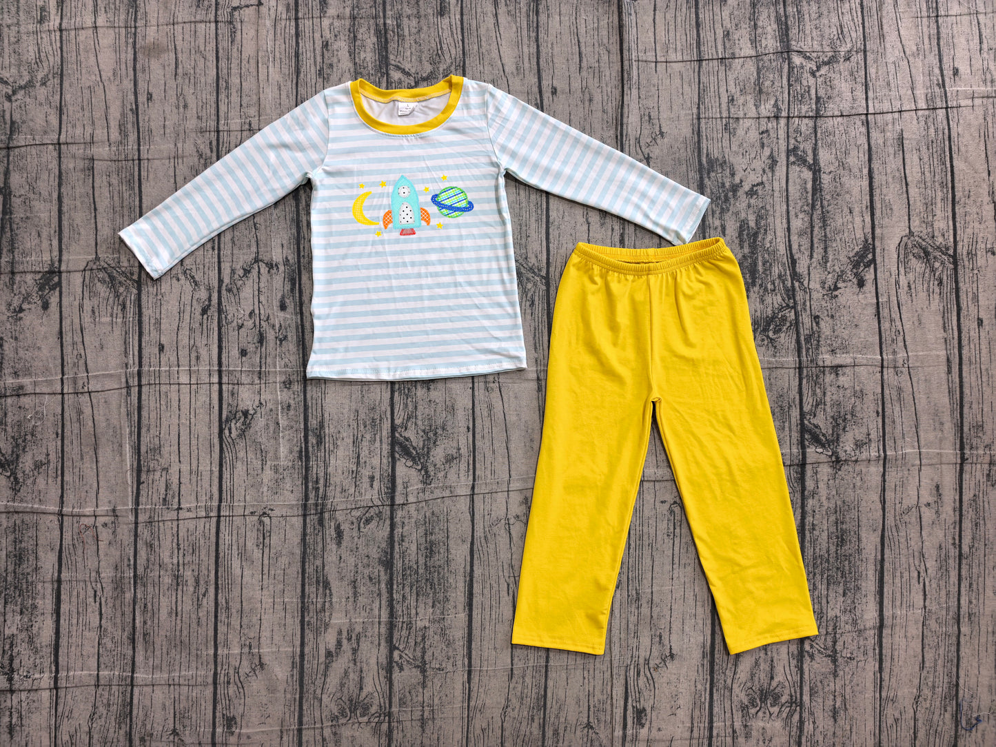 NO MOQ preorder BLP1455 Embroidered Moon Rocket Blue Stripe Long Sleeve Yellow Pants Boys Sets 202606