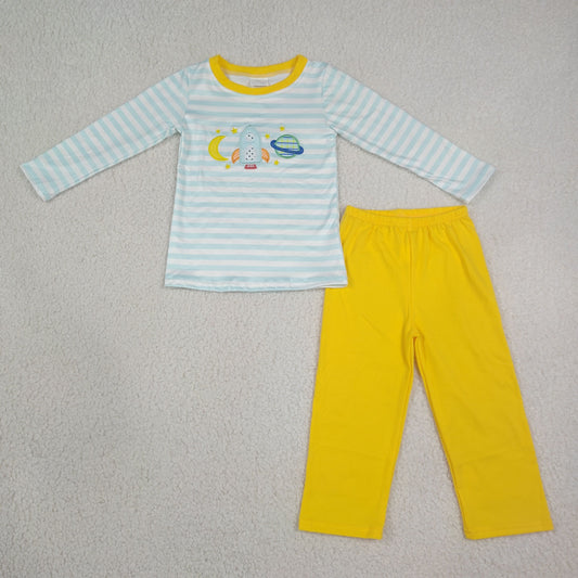 BLP1455 Embroidered Moon Rocket Blue Stripe Long Sleeve Yellow Pants Boys Sets 202608 RTS