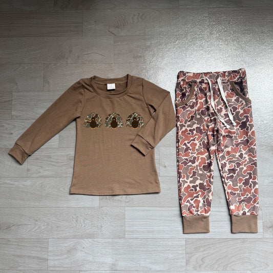 NO MOQ Preorder BLP1473 Embroidered Thanksgiving Turkey Camouflage Brown Long-Sleeved Pants Boys Sets 202607