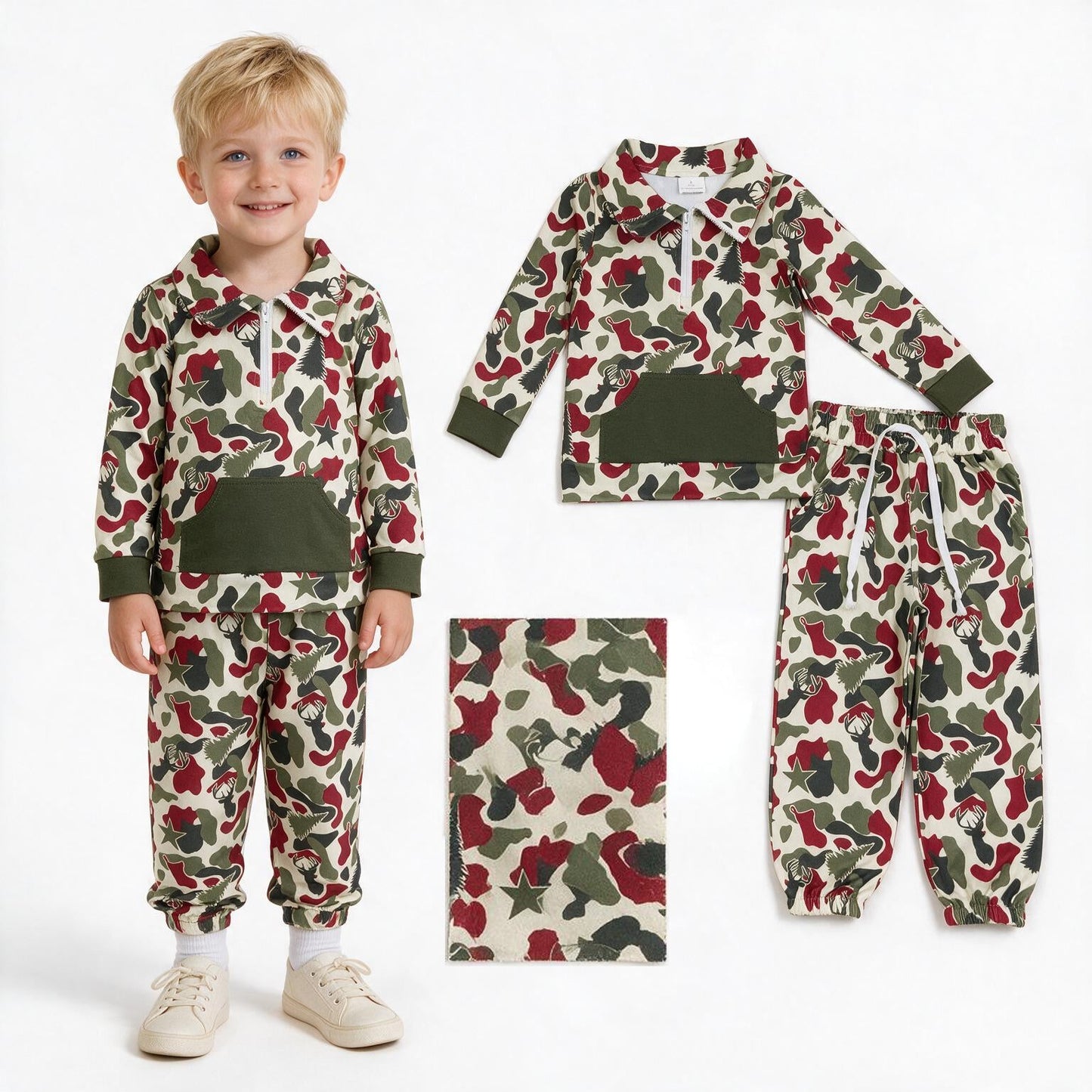BLP1486 Christmas Elk Trees Camo Pullover Kids Jogger Set