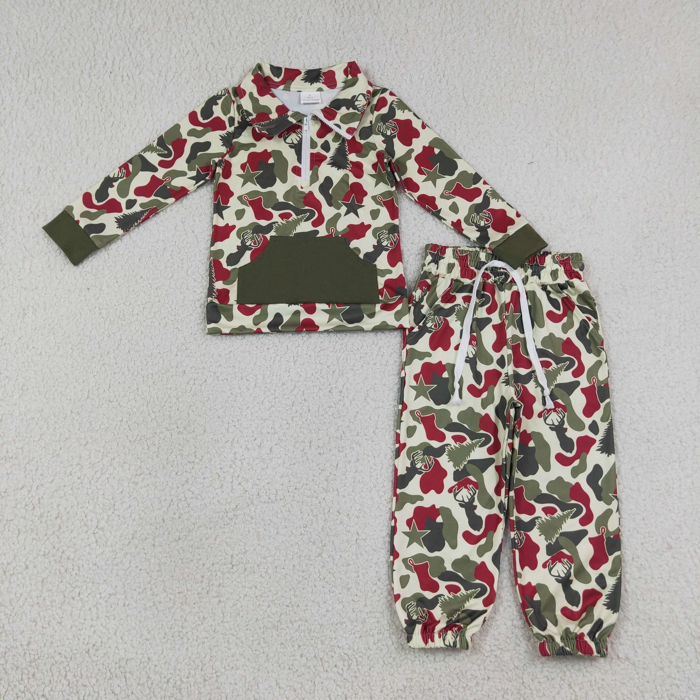 BLP1486 Christmas Elk Trees Camo Pullover Kids Jogger Set