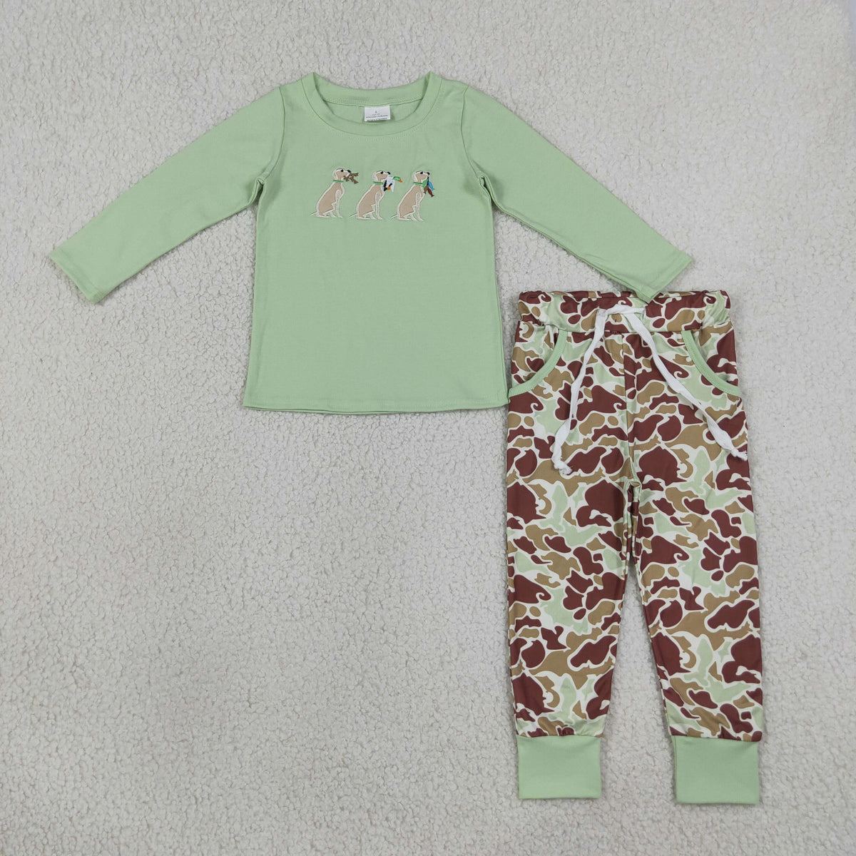 BLP1492 Embroidery Hunting Camo Dog Mint Boys Jogger Set 202609 RTS