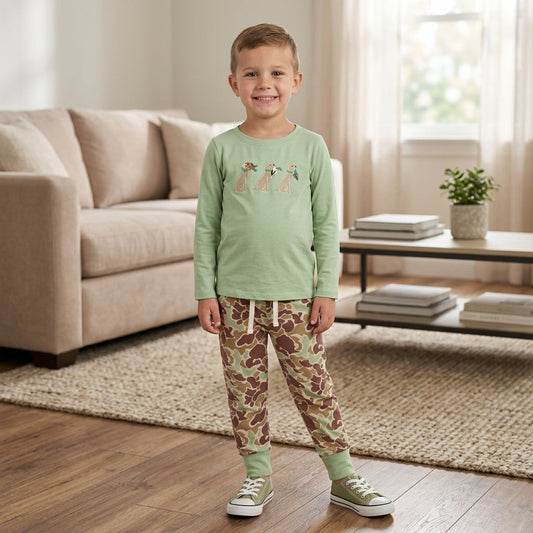 BLP1492 Embroidery Hunting Camo Dog Mint Boys Jogger Set 202609 RTS
