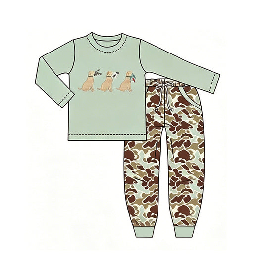 MOQ 5 PCS preorder BLP1492 Puppy Duck Hunting Green Long Sleeve Camo Pants Boys Sets 202606