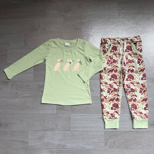 NO MOQ Preorder BLP1492 Embroidered Puppy Duck Hunting Camouflage Green Long-Sleeved Pants Boys Sets 202607