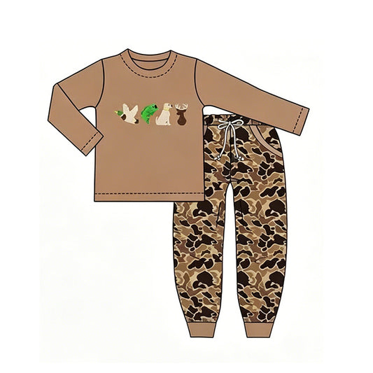 MOQ 5 PCS preorder BLP1493 Puppy Duck Deer Fish Animals Brown Long Sleeve Camo Pants Boys Sets 202606