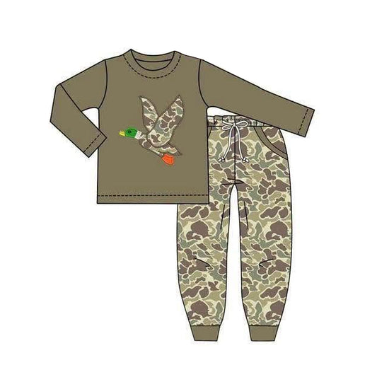 MOQ 5 PCS preorder BLP1494 Duck Hunting Army Green Long Sleeve Camo Pants Boys Sets 202606