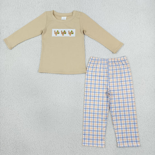 BLP1495 Embroidery Thanksgiving Day Turkey Plaid Boys Set