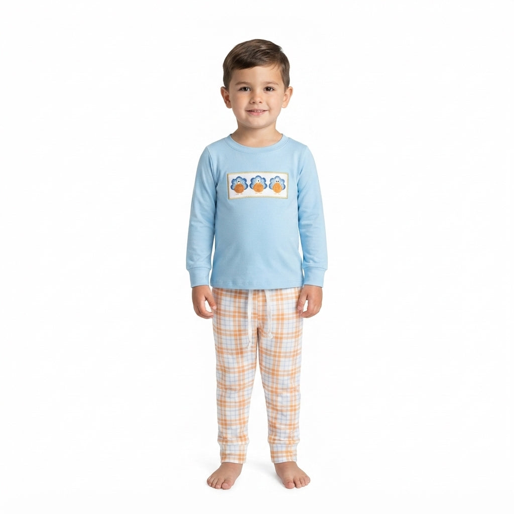Embroidery Thanksgiving Day Turkey Plaid Kids Sibling Matching Clothes