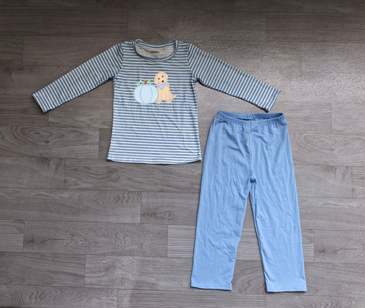 NO MOQ preorder BLP1500 Embroidered Puppy Pumpkin Blue Stripe Long Sleeve Pants Boys Sets 202607 RTS