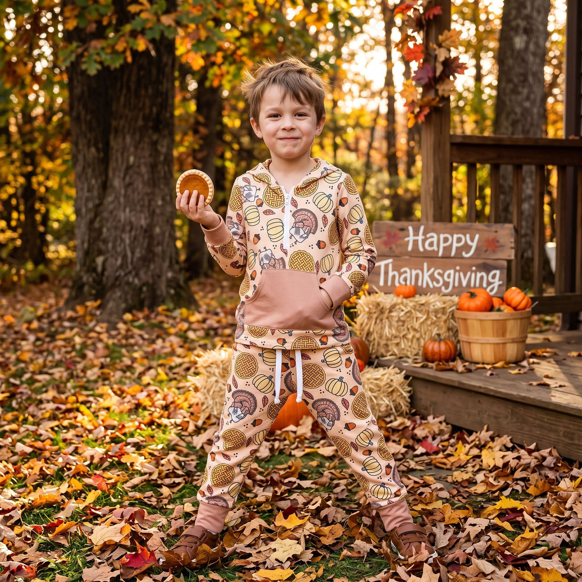 BLP1504 Thanksgiving Day Turkey Pumpkin Boys Hoodie Set 202609 RTS