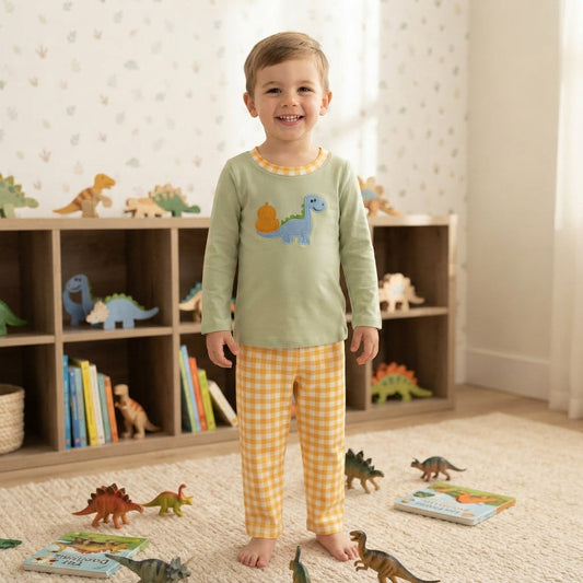 BLP1515 Embroidery Fall Pumpkin Dinosaur Boys Outfits