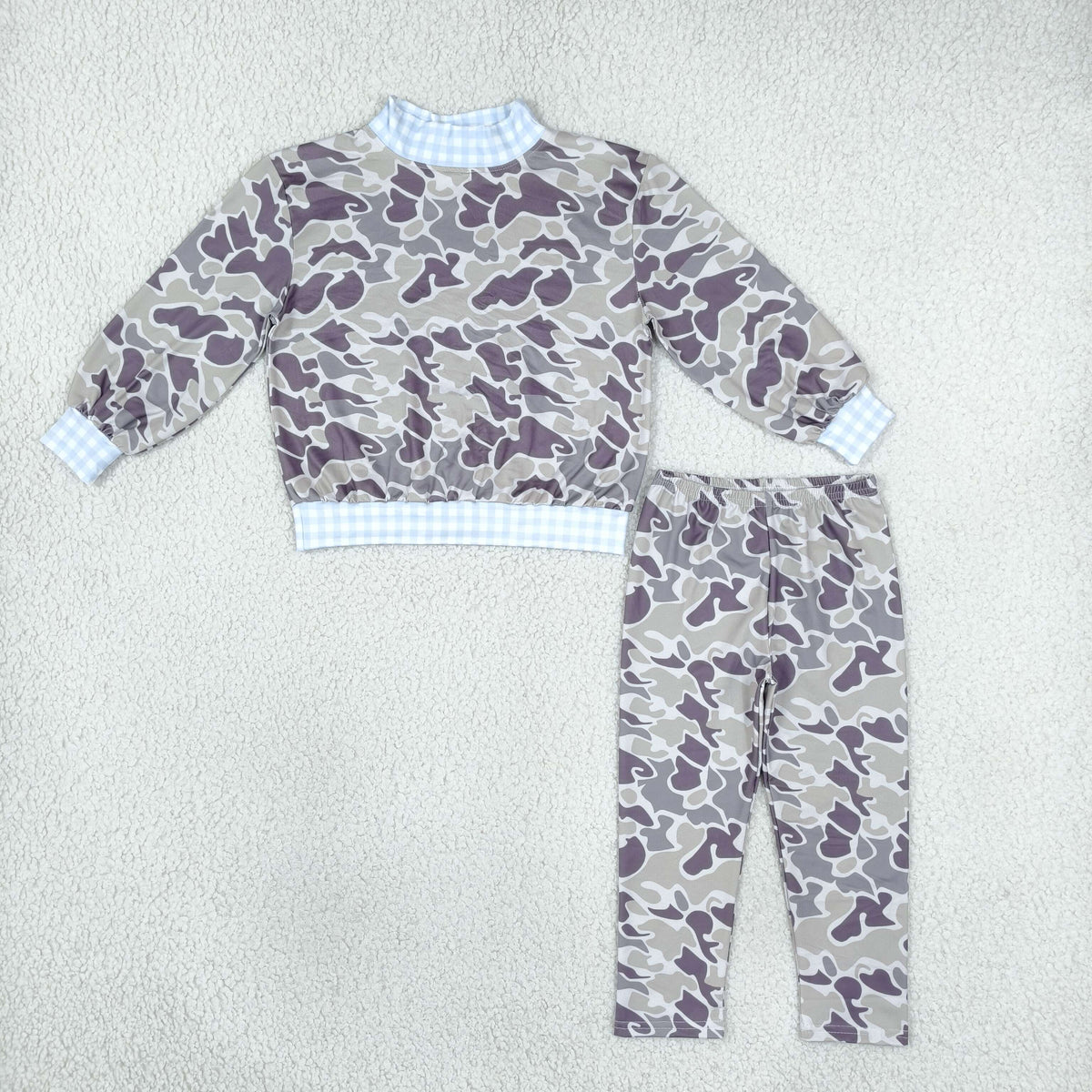 BLP1567 Hunting Camo Blue Plaid Mockneck Boys Set